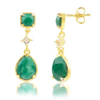 MAX + STONE 18K Gold Plated Genuine Gemstone 3 Stone Dangle Drop Earrings