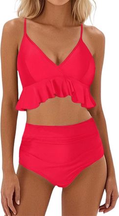 Generic High Waisted Bikini Set Halter Ruffled Bikini Padded 2 Piece Shoulder Straps Beachwear Tummy Control Swimwear Bathing Suits for Grils Womens Summer Be