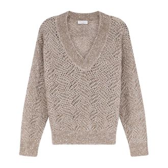 Brunello Cucinelli Mrg562502 Kasjmier trui met ronde hals - Dames - Truien - Bruin - Maat: L Kasjmier