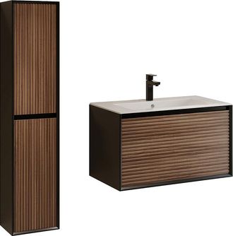 Vente-Unique Mueble de ba&ntilde;o suspendido estriado con lavabo encastrado, columna y grifo - Color natural oscuro y negro - 80 cm - BANIVA