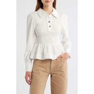 Damson Madder Hazel Smocked Peplum Polo Shirt in White at Nordstrom Rack, Size 10 Us / 14 Uk