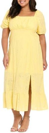 London Times Square Neck Smocked Eyelet Midi Dress in Yellow at Nordstrom Rack, Size 14W