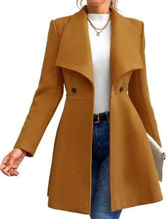 Generic Womens Pea Coat Double Breasted Line Mid-Long Trench Coat Spring Winter Trendy Dress Coat Slim Lapel Swing Outwear Camel Medium