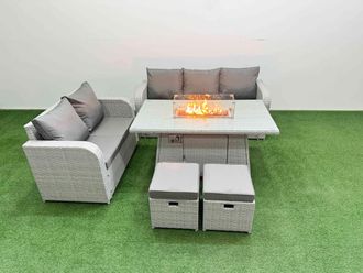 Fimous 7 Seater PE Rattan Wicker Garden Furniture Patio Conservatory Sofa Set with Firepit Dining Table 3 Seater Sofa Love Sofa 2 Stools in Light Grey