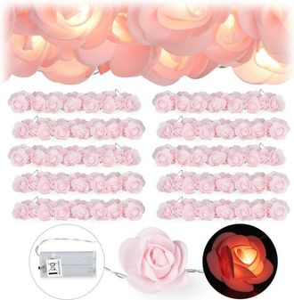 Relaxdays Relaxdays - Set of 10 Rose String Lights, 20 led Flowers, Batteries, Weddings & Valentines Day, Warm White, Pink