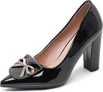 Generic Womens Rhinestones Bowknot Dress Shoes High Block Heels Closed Pointed Toe Wedding Office Party Pumps Slip On (Black,5.5)