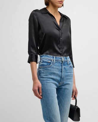 L'agence Dani Silk Satin 3/4-Sleeve Button-Down Blouse