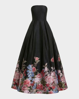 Mac Duggal Strapless Pleated Floral Brocade Gown