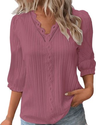 Generic Summer Tops for Women UK Sale Elegant Lace Splicing Hollow Bubble 3/4 Sleeve Solid Color Blouses V-Neck Shirt Ladies Soft Comfy Classic-Fit Dressy Cas