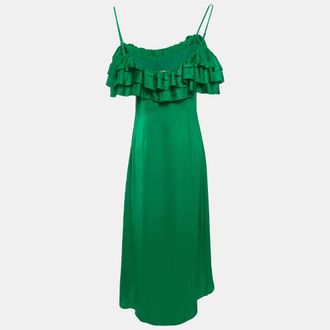Maje Green Satin Ruffled Rovanta Midi Dress