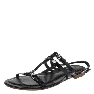Tod's Tods Black Patent Leather Strappy Buckle Detail Flat Sandals