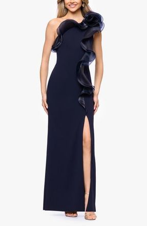 Betsy & Adam Organza Ruffle One-Shoulder Scuba Crepe Gown in Navy/Navy at Nordstrom, Size 10