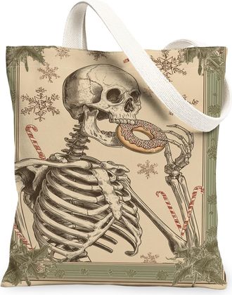 Generic Skeleton Graphic Canvas Tote Bags, Vintage Design Reusable Shopping Bags, Holiday Lightweight Washable Shoulder Strap, Beige, 13x15 Inch