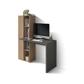HERDASA Escritorio Modelo 640 De La Colecci&oacute;n Nelle Grafito Y Nogal, Encimera En Cascada Y Estanter&iacute;a Con Armario Lateral
