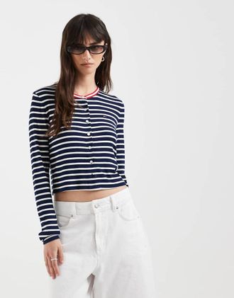 Tommy Jeans Cardigan slim a maniche lunghe in jersey a coste blu navy a righe