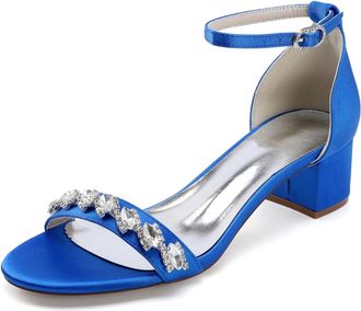 Generic Wedding Shoes Womens Elegant Bridal Low Heel Sandals Comfortable Evening Prom Satin Chunky Heels Shoes 4.5Cm,Royal Blue,10 UK