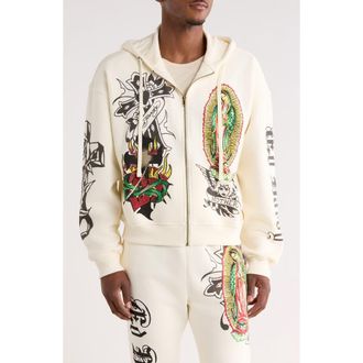 Ed Hardy Virgin Mary Boxy Zip-Up Hoodie in Ivory at Nordstrom Rack, Size Xx-Large