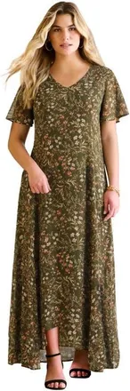 Roaman's Plus Size Hand Crinkled Flutter Sleeve Maxi Dress in Dark Olive Floral Print at Nordstrom, Size 36