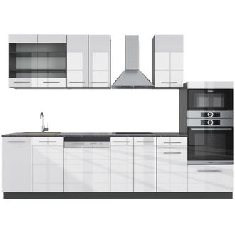 Vicco Mueble De Cocina Fame-line, Blanco Brillo/antracita, 300 Cm Con Armario Alto, Sin Encimera