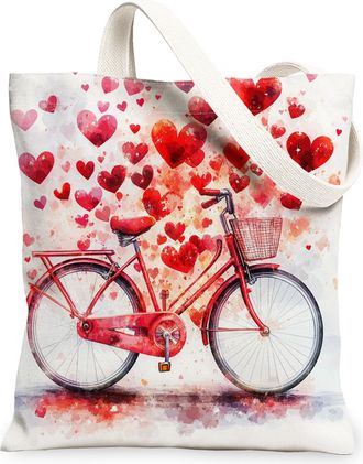 Generic Heart Pattern Canvas Tote Bag, Vintage Bike Design Reusable Grocery Bags, Lightweight Washable Shoulder Strap Canvas Bags for Travel Shopping 13x15 In