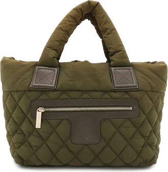 Chanel Green Khaki Nylon Leather Handbag Tote Bag (Pre-Owned)