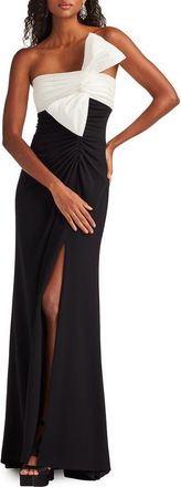 Tadashi Shoji Taffeta Bow One-Shoulder Gown in Black/White at Nordstrom, Size 14