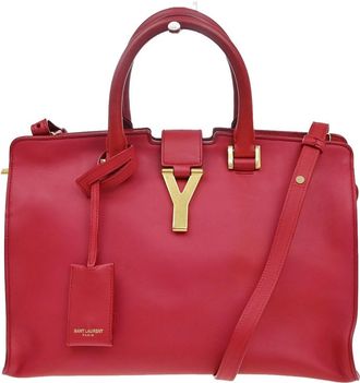Saint Laurent Classic Y Cabas Leather Red Leather Handbag (Pre-Owned)