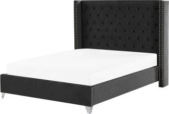 Beliani Cama Con Somier De Terciopelo Negro Plateado 160 X 200 Cm Listones Lubbon