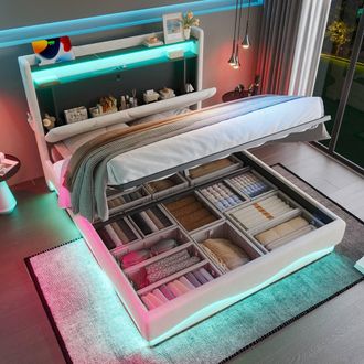 Matteo Modern Upholstered Double Bed Frame with LED, Storage & USB in Beige