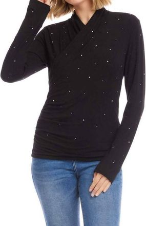 Karen Kane Lyra Long Sleeve Embellished Drape Front Crossover Top In Black