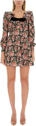 Alessandra Rich Mini-jurk met rozenprint en fluwelen strik - Dames - Korte kleedjes - Veelkleurig - XS - Kleedjes