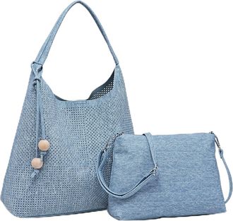 Generic 2 Piece Womens Perforated Hobo Shoulder Bag Set with Crossbody Pouch, Faux Leather, Sustainable Fashion, 38 x 30 x 13 cm (P Blue)