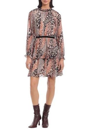 Maggy London Flounce Long Sleeve Minidress in Ivory/Mocha at Nordstrom Rack, Size 12