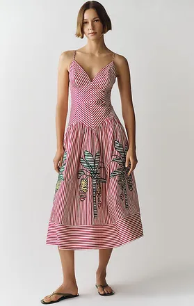 Farm Rio Palm Tree Striped Midi Dress