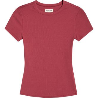 Open Edit Rib Short Sleeve Shirt in Red Ruby at Nordstrom, Size Xx-Small