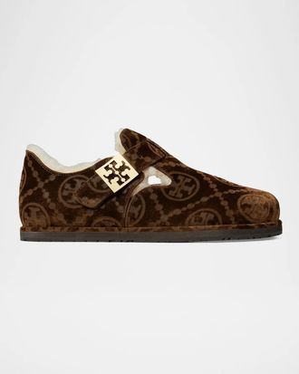 Tory Burch Mellow Shearling-Lined Monogram Velvet Clogs