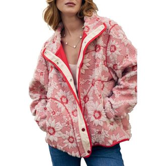 Saachi Faux Shearling Floral Appliqu&eacute; Jacket in Red at Nordstrom Rack