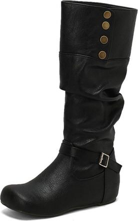 Generic Womens Round Toe PU Leather Knee High Boot Wedge Heel Long Boots with Buckle Pull on Retro Tall Boots,Black,10.5 UK