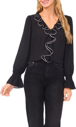 CeCe by Cynthia Steffe Ruffle V-Neck Top in Rich Black at Nordstrom, Size X-Small