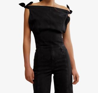 Free People Louie Cotton Denim Tie-Shoulder Top In Black