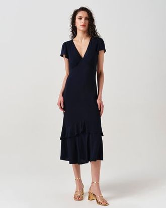 Ghost London Corinne Frill Crepe Midi Dress in Navy at Nordstrom, Size 12