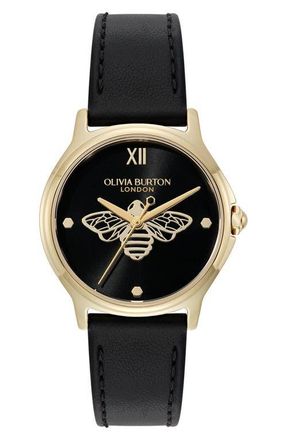 Olivia Burton Classic Bee Leather Strap Watch, 30mm in Black at Nordstrom