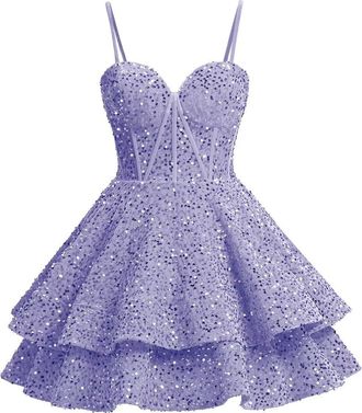 Generic Teens Sparkly Sequin Homecoming Dresses Spaghetti Straps Corset Sparkly Tiered Prom Party Cocktail Gown Lilac M