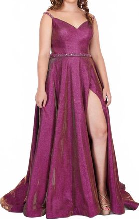 Rachel Allan Glitter Woven Prom Gown With Slit In Magenta/gold