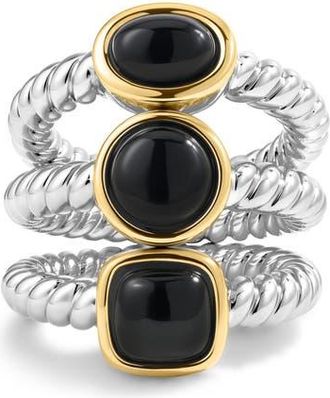 Luv AJ The Midnight Mesa Black Agate Set of 3 Rings in Silver at Nordstrom, Size 7