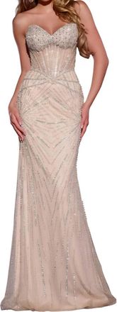 Jovani Strapless Beaded Gown With Sheer Corset Top In Silver/nude
