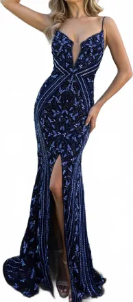 Rachel Allan Beaded Sleeveless Slit Prom Gown In Navy Periwinkle