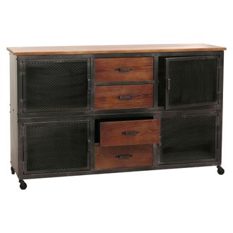 Hhg Cassettiera Credenza Hhg 480, Con Ruote 4 Cassetti, 3d Industriale Retr&ograve; Metallo Legno 90x150x40cm, Nero, Marrone