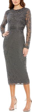 Mac Duggal Beaded Tea Length Sheath with Sheer Sleeves