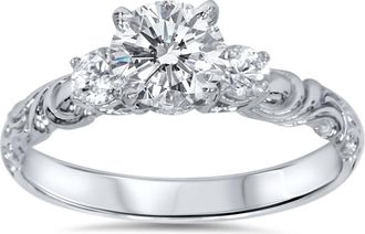 Pompeii3 3/4ct Vintage 3 Stone Diamond Engagement Ring 14K White Gold Size Selectable
